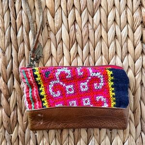 Handcrafted Multicolor Embroidered Leather Wristlet - Pink Accent